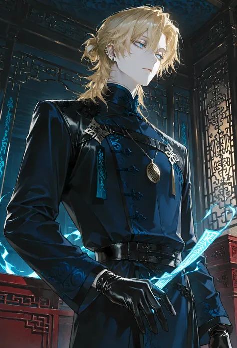 8k, beautiful masterpiece, looking out at the front, alone, super pale skin, Perfect Eyes shape, Athletic Build, ((He wears: Black Elaborate Daopao (道袍), Silver Daoist Amulet, Black Leather Gloves)), (((background is Chinese opulent room, looks emotionless...