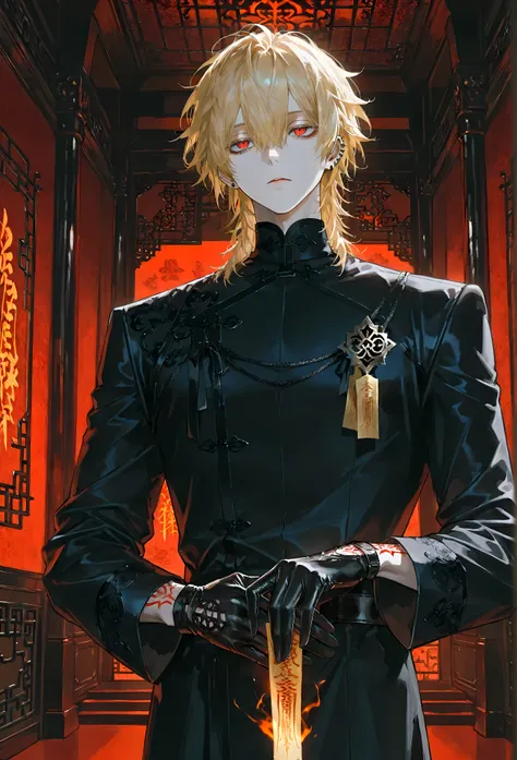 8k, beautiful masterpiece, looking out at the front, alone, super pale skin, Perfect Eyes shape, Athletic Build, ((He wears: Black Elaborate Daopao (道袍), Silver Daoist Amulet, Black Leather Gloves)), (((background is Chinese opulent room, looks emotionless...
