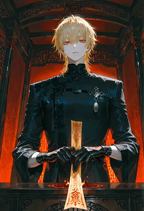 8k, beautiful masterpiece, looking out at the front, alone, super pale skin, Perfect Eyes shape, Athletic Build, ((He wears: Black Elaborate Daopao (道袍), Silver Daoist Amulet, Black Leather Gloves)), (((background is Chinese opulent room, looks emotionless...
