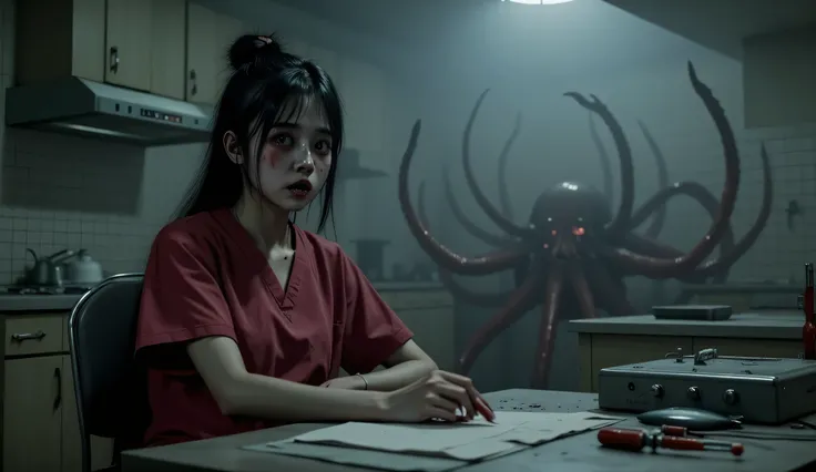 A frightened 20 year old Asian girl, beautiful face, black hair tied in a bun, dark red nursing scrubs, sitting at a nursing station in a dark abandoned hospital, tentacles are coming up behind her in the background as she sits unaware, Eldritch Horror, su...