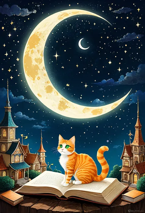 are drawn in warm earth tones in whimsical illustrations、invites the audience to imagine a world where books defy gravity in the night sky {x} A fluffy orange cat with expressive green eyes sits quietly on the crescent moon. Satoru It evokes, そのDownにある柔らかく...
