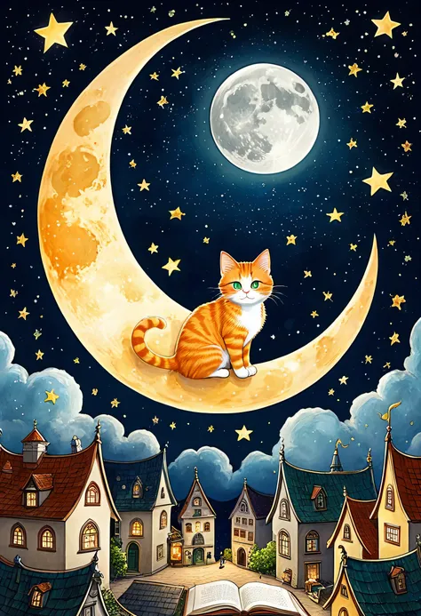 are drawn in warm earth tones in whimsical illustrations、invites the audience to imagine a world where books defy gravity in the night sky {x} A fluffy orange cat with expressive green eyes sits quietly on the crescent moon. Satoru It evokes, そのDownにある柔らかく...