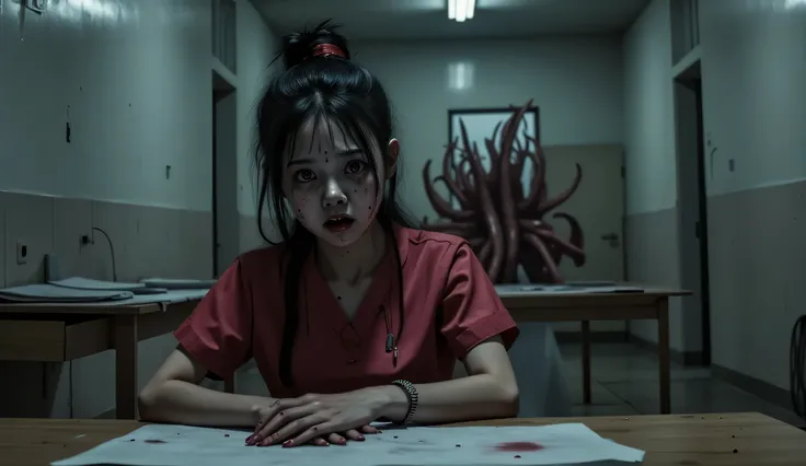 A frightened 20 year old Asian girl, beautiful face, black hair tied in a bun, dark red nursing scrubs, sitting at a nursing station in a dark abandoned hospital, tentacles are coming up behind her in the background as she sits unaware, Eldritch Horror, su...