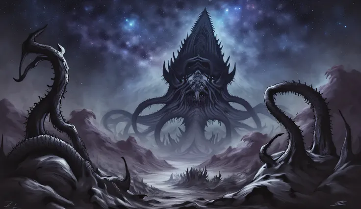 Tentacles coming from a black triangle in the sky, cosmos, Lovecraftian horror, high detail, masterpiece.
