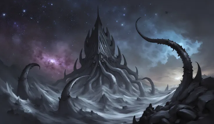 Tentacles coming from a black triangle in the sky, cosmos, Lovecraftian horror, high detail, masterpiece.