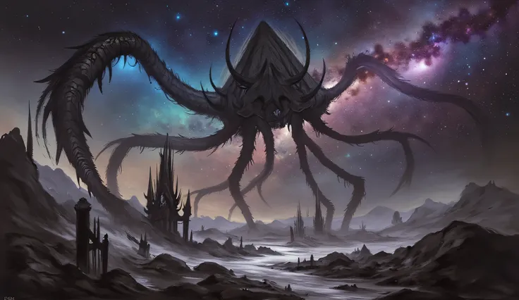 Tentacles coming from a black triangle in the sky, cosmos, Lovecraftian horror, high detail, masterpiece.