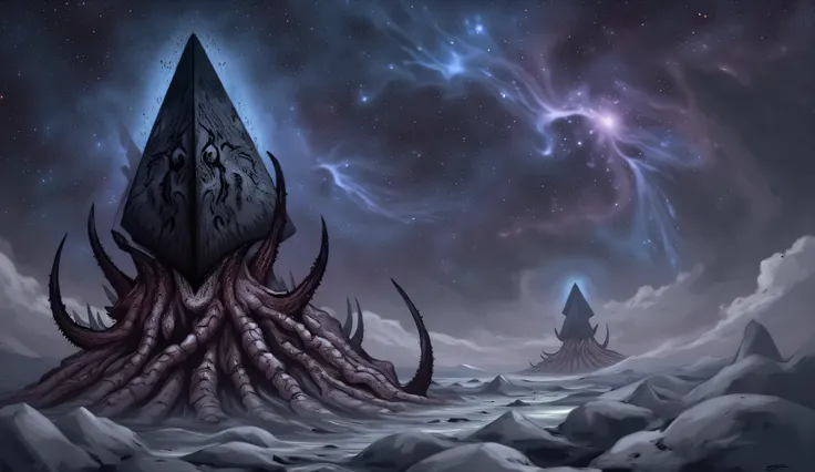 Tentacles coming from a black triangle in the sky, cosmos, Lovecraftian horror, high detail, masterpiece.
