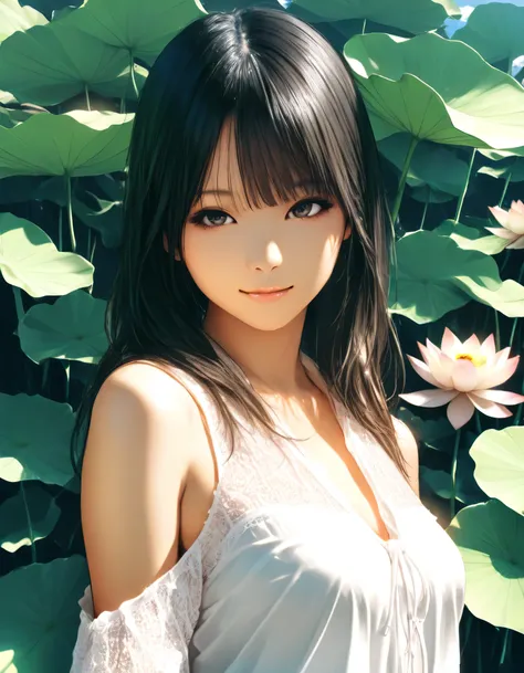 1girl, year 2016, upper body, summer, lotus, blouse, masterpiece, high score, great score, absurdres, 16k, Ultra detailed, (photorealistic : 0.5)