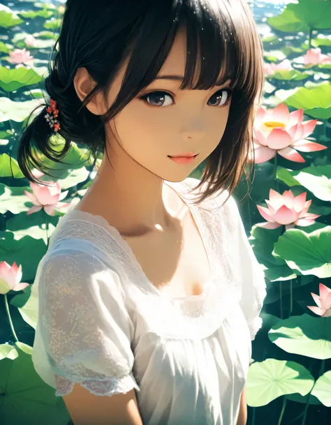 1girl, year 2016, upper body, summer, lotus, blouse, masterpiece, high score, great score, absurdres, 16k, Ultra detailed, (photorealistic : 0.5)