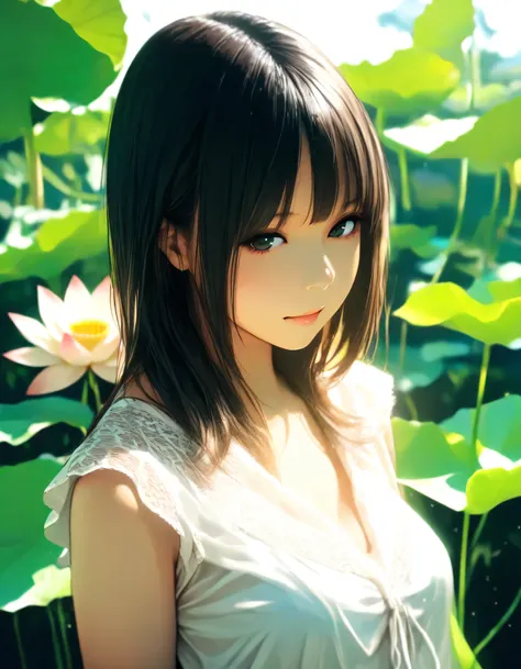 1girl, year 2016, upper body, summer, lotus, blouse, masterpiece, high score, great score, absurdres, 16k, Ultra detailed, (photorealistic : 0.5)
