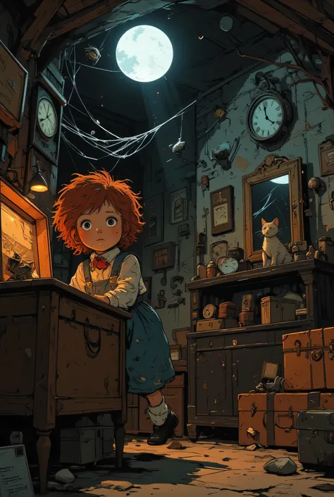 Raggedy Ann doll opening a dusty old antique wooden toy chest from within, its button eyes gleaming with intelligence, and climbing out of the chest into a dusty, cobwebbed attic lit by moonlight through a dusty window pane. The floor of the attic is litte...