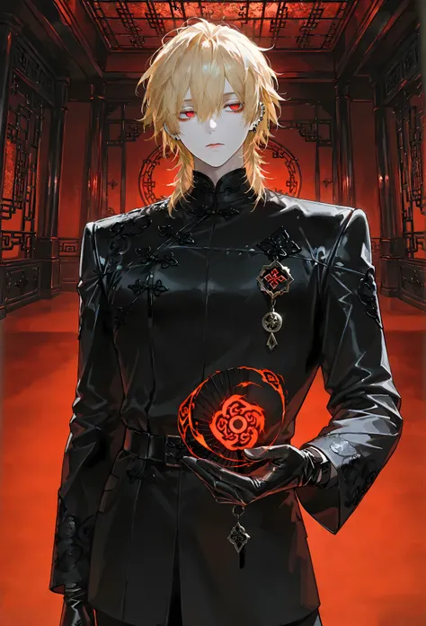 8k, beautiful masterpiece, looking out at the front, alone, super pale skin, Perfect Eyes shape, Athletic Build, ((He wears: Black Elaborate Daopao (道袍), Silver Daoist Amulet, Black Leather Gloves)), (((background is Chinese opulent room, looks emotionless...