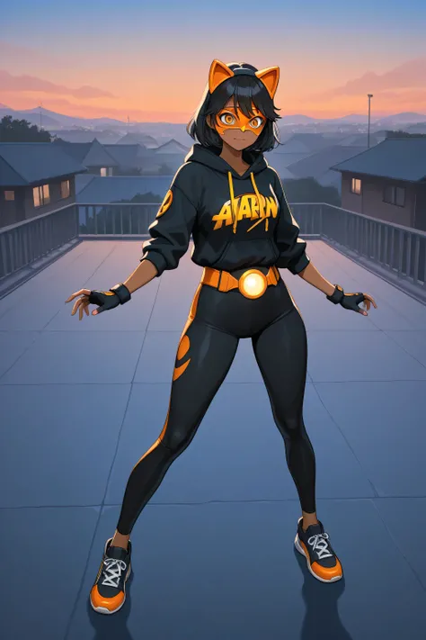 A 15-year-old Indian teenage girl, brown skin, beautiful and cute, black short hair, wearing a homemade jungle-themed superhero suit. Fingerless gloves, wearing black hoodie with orange lines and black leggings with sports shoes. Wearing a orange cat mask....