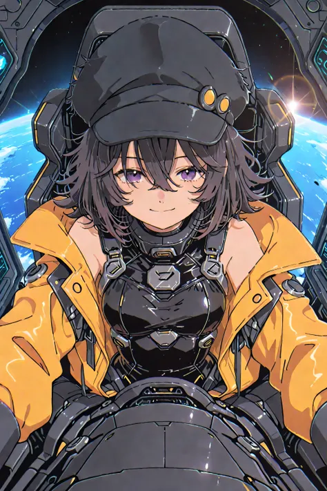 Anime　sf　　masterpiece, top quality　Small and delicate figure　Anime、　、dark hair、flipped hair 、messy hair　hair between eyes 　　Smile Yang  　　black sleeveless techno suit　yellow jacket and black hat   　　  　lens flare  　 　upper body, from the front, from above,...
