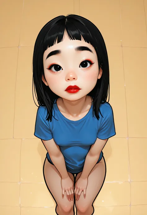 Perfect Face, (Female Asian, Face Asian), Black Hair, Short Bangs, Black Normal Eyebrows, Black Eyes, Red Lips, (Small Breasts), (Blue T-Shirt), From Above