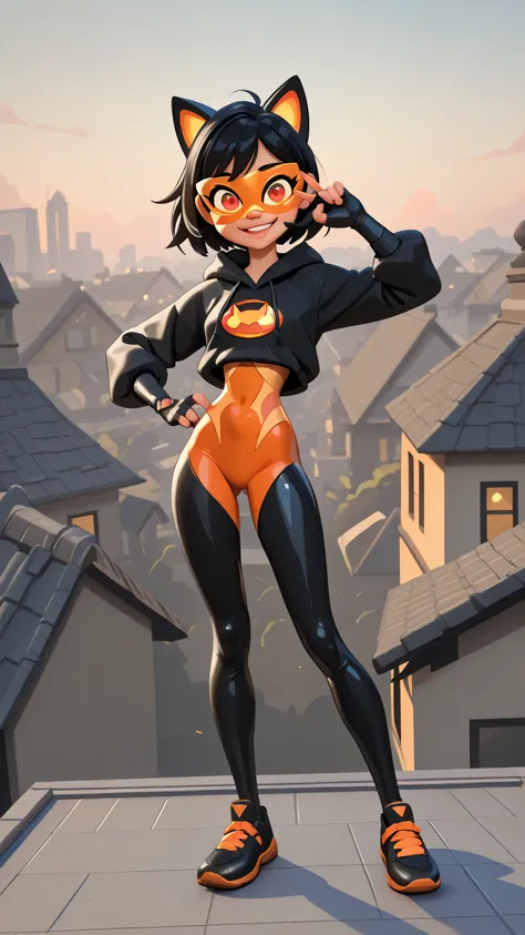 A 18-years-old Indian teenage girl, brown skin, beautiful and cute, slim body , black short hair, smiling, wearing a homemade jungle-themed superhero suit. Fingerless gloves, wearing black hoodie with orange lines and black leggings with sports shoes. Wear...