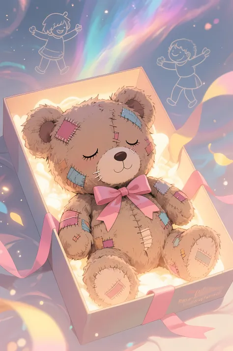 Anime style illustration, "Lots of patchworked and loved  teddy bear" theme, "Positive Farewell."
This illustration depicts a **heavily mended, aged teddy bear**, its fur worn thin from years of boundless affection. Though it bears visible **repair marks**...
