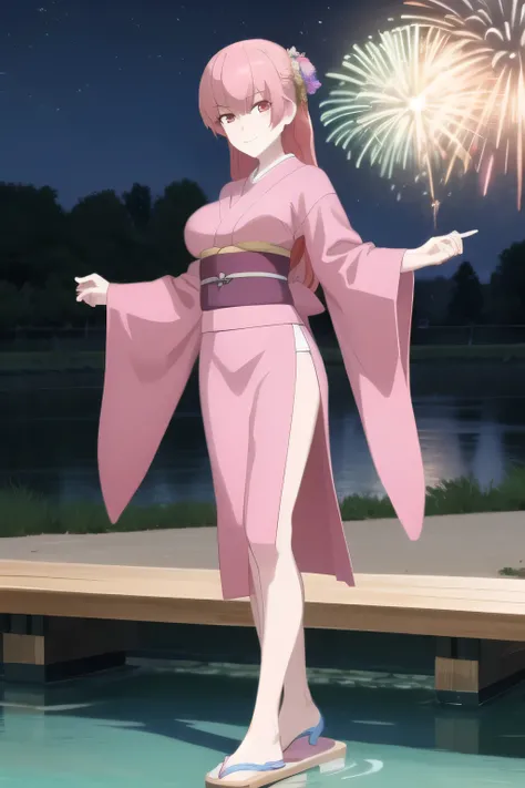 woman with long pink hair，women with nice smiles，draw her expression more delicately，，，kimono，Please reduce skin exposure a little more，her legs are hidden up to the hem of the kimono， ,participating in a summer fireworks festival，Outdoors,is by the river，...