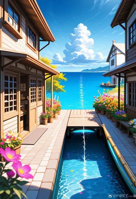 masterpiece、最High Quality、High Quality、 Detailed CG Unity 8K Wallpaper 、 scenery、Admire the prairie、窓の外の scenery、colorful flowers、The ocean beyond the prairie、nature、Scandinavian house facing the ocean、There is a fishing boat、blue sky that seems to pass th...