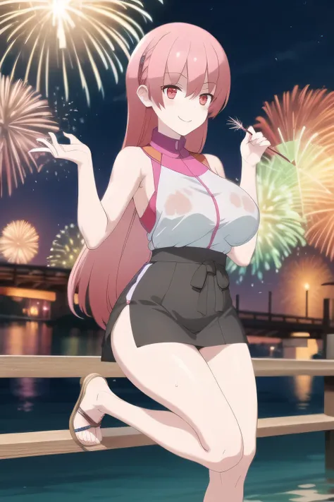 long pink haired woman，can you draw a wet woman with a smile、holes in my nose，Please draw a more delicate expression，，sleeveless blouse，miniskirt，big breasts，big breastsでもウエストが細い，， ,participating in a summer fireworks festival，Outdoors,is by the river，The ...