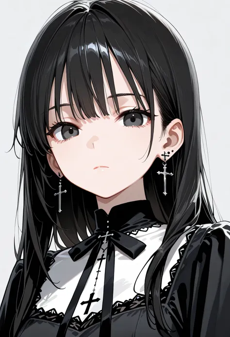 1 girl, alone, black hairblack, long hair, jewelry, plain background, earrings, looking at viewer, closed mouth, crossed earrings, gray background, bangs, upper body, black dress, cross, dress, ribbon, black eyes, black ribbon, white background, expression...