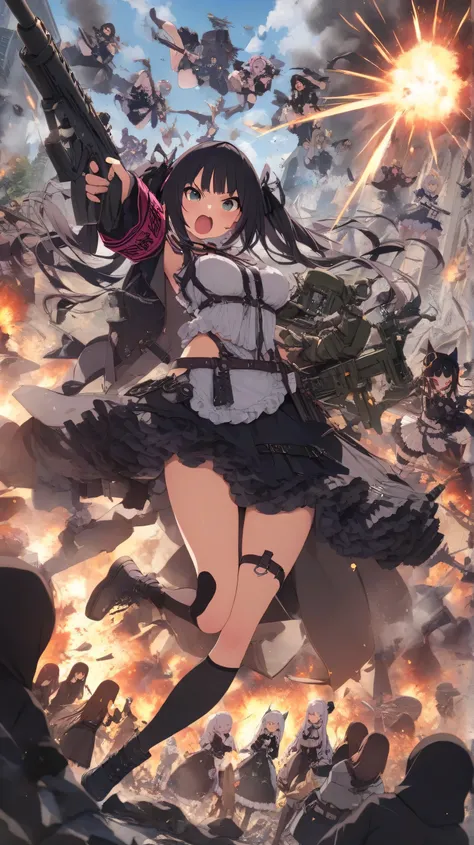 masterpiece , 最High Quality , High Quality , very beautiful　masterpiece,  wallpaper 4k ,Army of Gothic and Lolita Dolls　（Five Girls）　battle scene with green onions　Burning City　angry face 　open mouth　Wave your arms　this is a declaration of war　Red armband　...