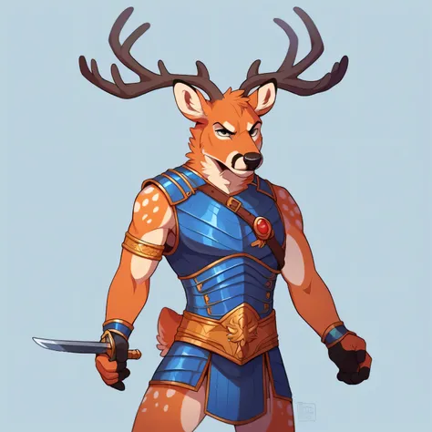 telegramstickerxl,simple background,anthropomorphic mouse,  standing in a fighting stance, holding a sword,  (detailed clothing:1.2),  (accessories:1.2)  gold and dark blue armor,  (facial features:1.3) (expression:1.1),  deer antlers,  center of frame,  f...