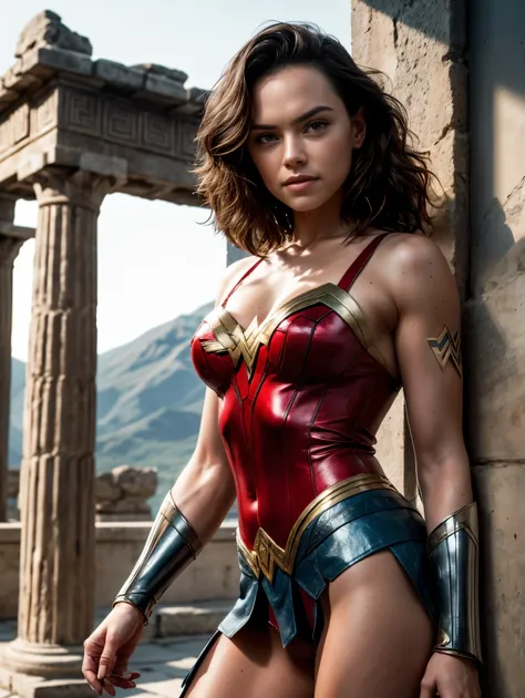Daisy Ridley, sexy pose,(wearing Wonder Woman suit),(she is standing in Greek temple),Slim, slight smile, hair falling in soft waves over her shoulders, stands confidently inside the lens of an F1.8 camera. Her slendegure is accentuated by the ultra-detail...