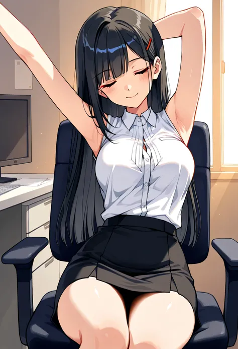 anime-style, a cute anime girl with glossy, pure black long straight hair, no highlights, no inner color, slightly sharp and narrow ruby red eyes (closed), a simple hairpin on her bangs, modest and adorable expression, soft gentle smile, elegant straight b...