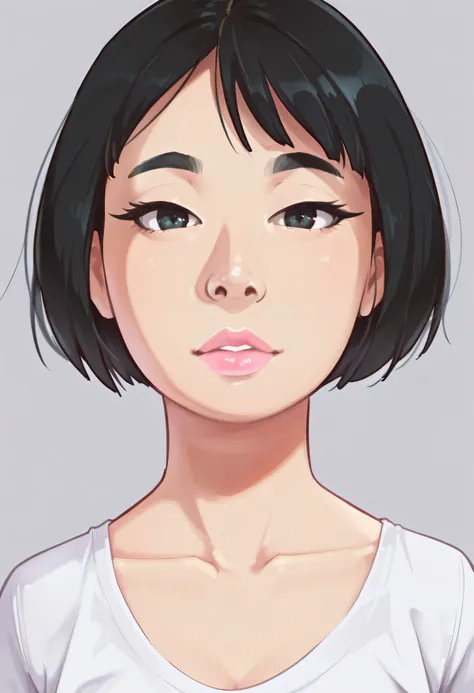Perfect Face, (Female Asian, Face Asian), Black Hair, Short Bob Hair, Black Normal Eyebrows, Black Eyes, Black Eyelashes, Nose, Pink Lips, Beautiful Asian, Collarbone, T-Shirt, White T-Shirt, Grey Background