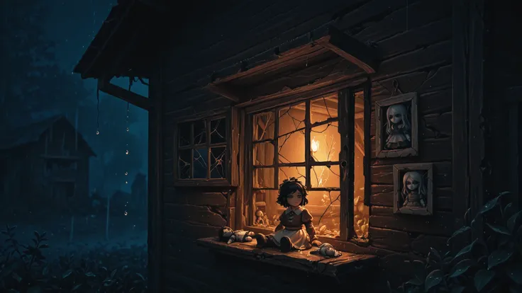 abandoned cabin, rain drops on window, cracked porcelain doll, night, dim warm light, close-up, creeping plants