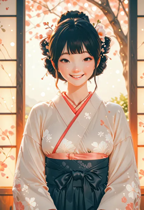 A beautiful Japanese woman in traditional Japanese clothing with a garden view in the background,Japanese hairstyle,smiling expression,Japanese woman in beautiful Japanese clothes with garden scenery in the background,Natural light and shadows,exquisite te...