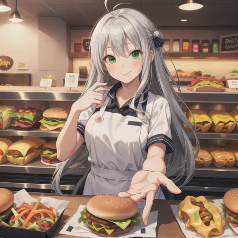 She is a cheerful girl working behind the counter at a cozy burger shop. She is wearing a cute burger shop uniform and smiling warmly at the customers. The background shows a bright and clean fast food counter with menu boards. green eyes, Silver hair, lon...