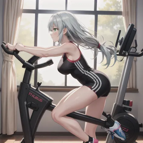 A fitness gym, a person training on a stationary bike, side view, bright morning sunlight through large windows. green eyes, Silver hair, long hair. 