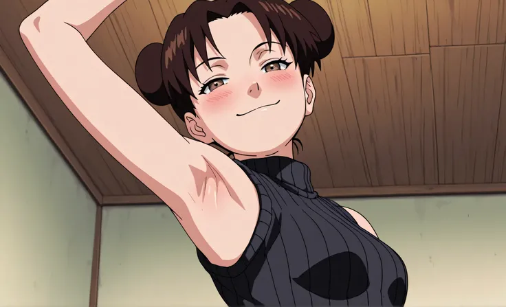masterpiece, best quality, amazing quality, anime screencap, anime coloring, 1girl, solo, ytenten, brown eyes, brown hair, short hair, double bun, small breasts, forehead, black sweater, sleeveless sweater, ribbed sweater, turtleneck, arm up, raised arm, a...