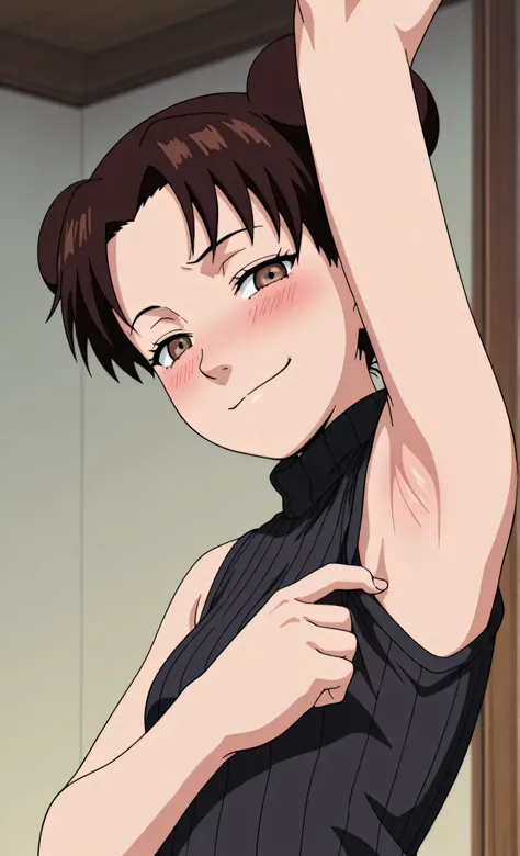 masterpiece, best quality, amazing quality, anime screencap, anime coloring, 1girl, solo, ytenten, brown eyes, brown hair, short hair, double bun, small breasts, forehead, black sweater, sleeveless sweater, ribbed sweater, turtleneck, arm up, raised arm, a...