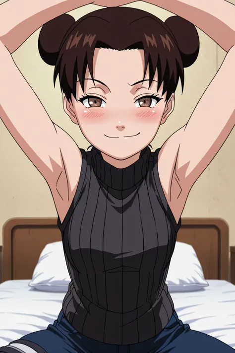 masterpiece, best quality, amazing quality, anime screencap, anime coloring, 1girl, solo, ytenten, brown eyes, brown hair, short hair, double bun, small breasts, forehead, black sweater, sleeveless sweater, ribbed sweater, turtleneck, arms up, raised arms,...