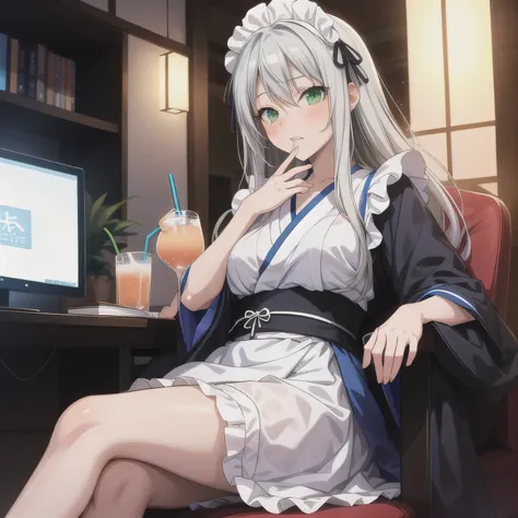 A beautiful girl wearing a neat dark blue and white maid outfit. She is sitting on a fully reclined seat in a typical Japanese manga café semi-private booth. Around her are a computer monitor, a stack of manga books, and a drink cup nearby. She holds both ...