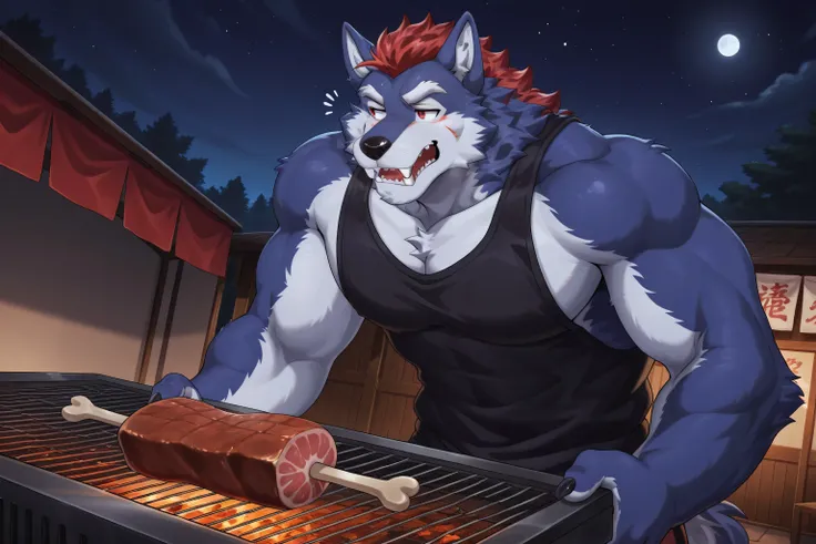 solo, male furry, wolf, (deep midnight blue fur), red hair, red eyes, white eyebrows, black tank top, dynamic pose, standing at a night market stall, selling skewers, hesitant expression, looking away reluctantly, grudging face, slightly frowning, awkward ...