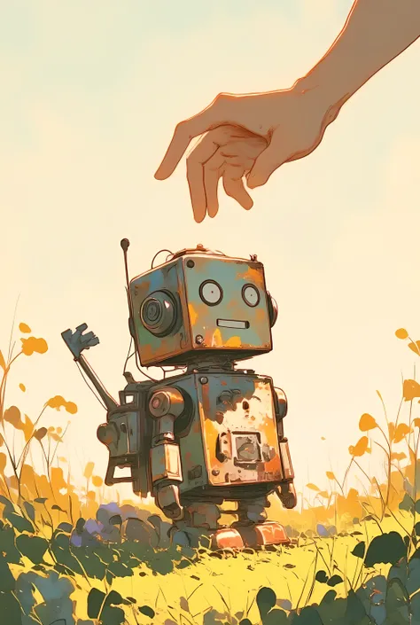 a hand-drawn illustration of a small wind-up toy robot sitting quietly in a field of tall grass at sunset,
its colorful tin body is faded and scratched, with chipped paint and tiny dents from years of play,
on its back is an oversized wind-up key, rusted a...