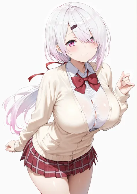 solo,masterpiece,best quality, amazing quality, highres, absurdres, very aesthetic, high resolution, ultra detailed, perfect details,nijiyuika,large breasts,pink eyes,gradient hair,light pink hair,white hair,round face,long hair,hair over one eye,low ponyt...