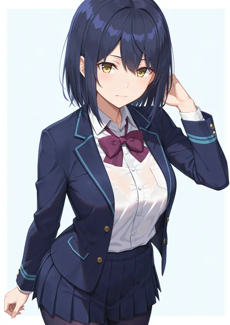 solo,masterpiece,best quality, amazing quality, highres, absurdres, very aesthetic, high resolution, ultra detailed, perfect details,nijirin,medium breasts,yellow eyes,blue hair,black hair,moles,medium hair,nijirincos,white shirt,collared shirt,purple bowt...