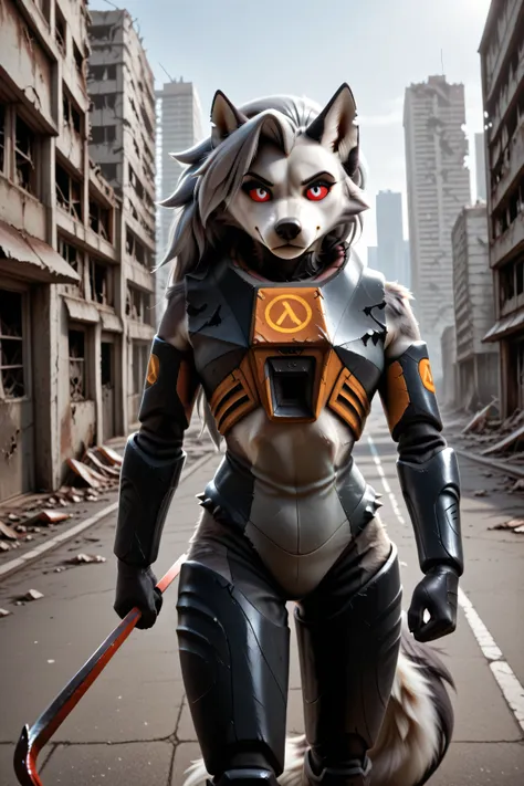 Loona, furry, realisctic, fluffy tail, solo, (wearing full power armor), ((closed mouth)), outdoors, standing, post-apocalypse, holds one crowbar in hand, city street, day, front view, mid-range shot, ultrahigh details, ultra-realistic photo, two-tone fur,...