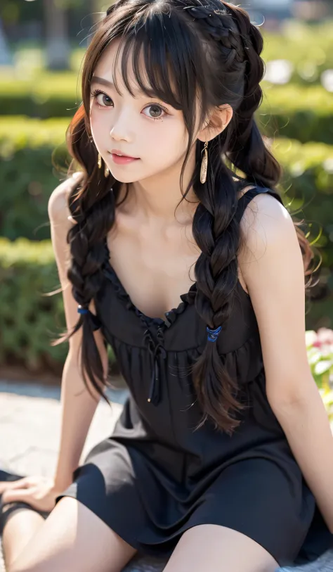 Female junior high school student、Very cute girl、、An angelic smile、
break、Flaxen Hair、Side braided hair、Long Hair、Thready hair、Expressive Hair、Dynamic hair、
break、Sleeveless dress、Black Goth Dress、A cute dress full of frills、Especially short skirts、Striped...