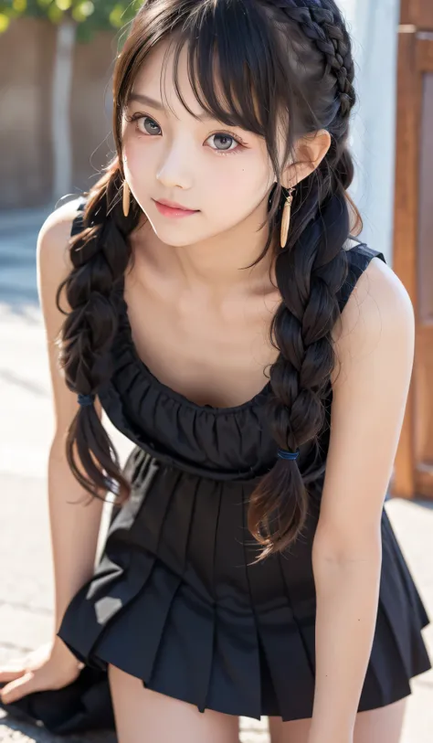 Female junior high school student、Very cute girl、、An angelic smile、
break、Flaxen Hair、Side braided hair、Long Hair、Thready hair、Expressive Hair、Dynamic hair、
break、Sleeveless dress、Black Goth Dress、A cute dress full of frills、Especially short skirts、Striped...