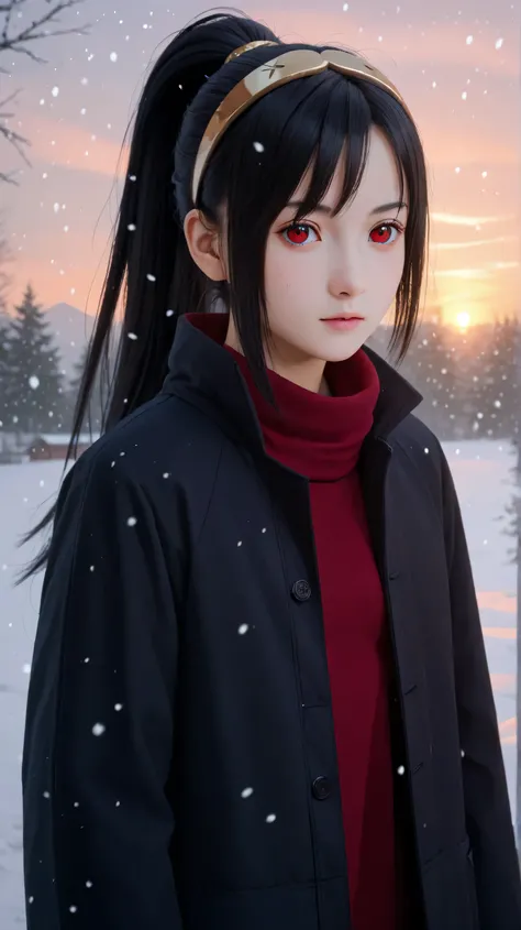1girl, solo,hikari uchiha,black hair,long hair,outdoors,potrait,black coat,small breast,black eyes,snowfall,bronze hairband,sunrise,red eyes,winter background,(ponytail:1.5),long bangs