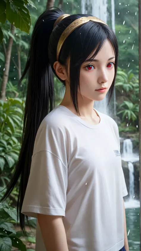 1girl, solo,hikari uchiha,black hair,long hair,outdoors,potrait,small breast,black eyes,snowfall,bronze hairband,wear white t-shirt,red eyes,waterfall ,jungle,background,(ponytail:1.5),long bangs