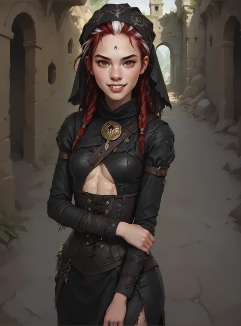 Slender body. White skin. Cute 18-year-old girl with big Asian red eyes and unnaturally sharp teeth and dreadlocks with white highlights. Sharp and pointy teeth. She has a cute and beautiful face. She has a round and young face with a pointy chin. Her body...