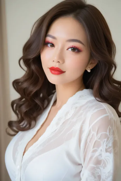 A beautiful MILF in an plain poloshirt and tight-fitting slacks greets the viewer from her living.
She is Japanese woman, makeup, eyeshadows, eyeliners, long false eyelashes, light red lips, short wavy hair.
Glamorous body.