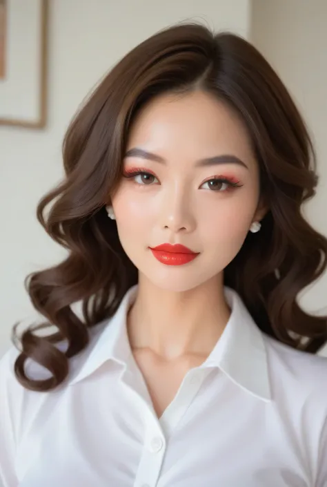 A beautiful MILF in an plain polo shirt and tight-fitting slacks greets the viewer from her living.
She is Japanese woman, makeup, eyeshadows, eyeliners, long false eyelashes, light red lips, short wavy hair.
Glamorous body.